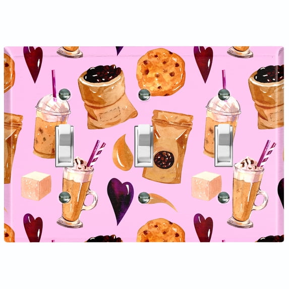 Metal Light Switch Wall Plate Outlet Cover (Coffee Mocha Espresso Grounds Cookie Sugar Treats Love Caramel Shake Pink - Triple Toggle)