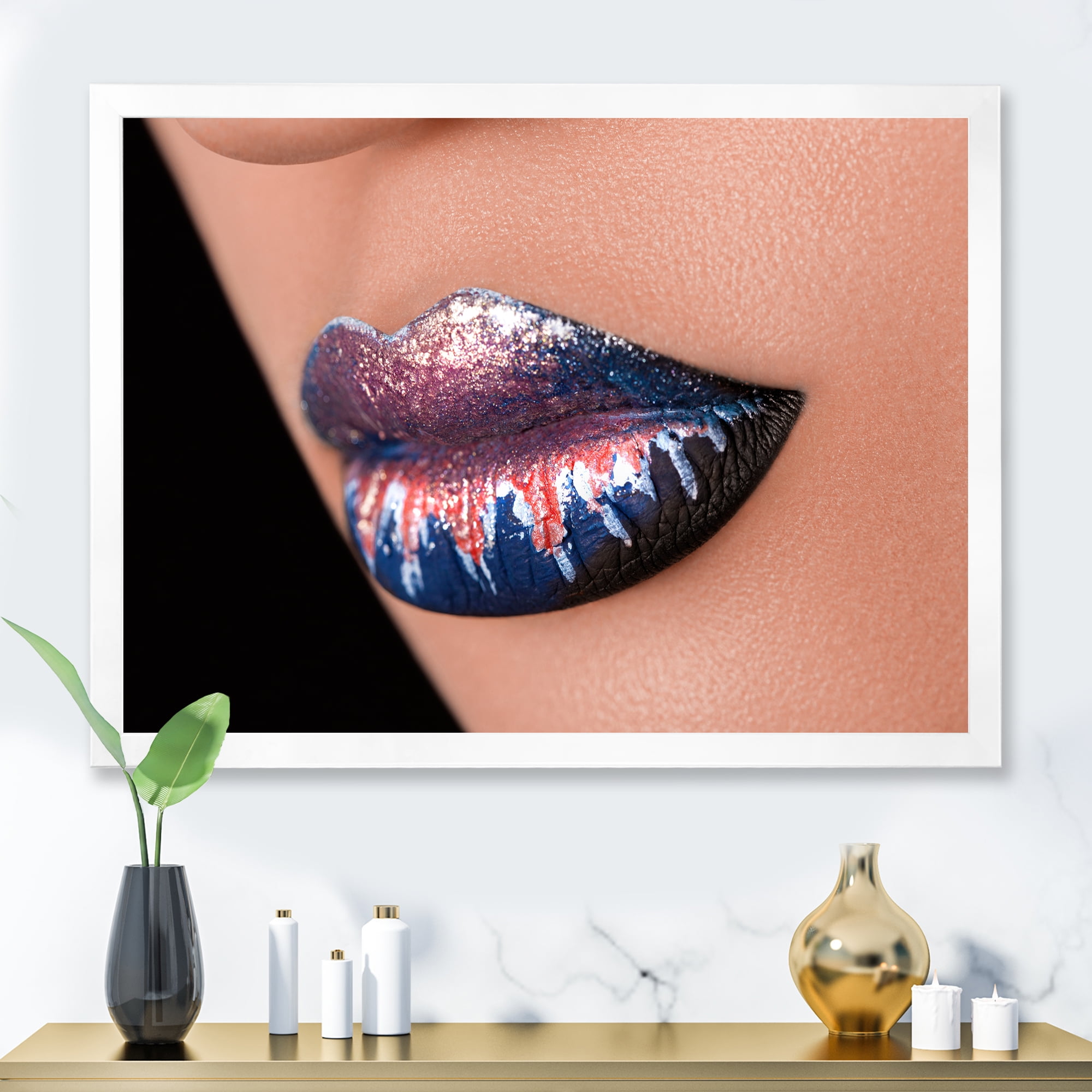 Designart 'Fashion and Creative Make Up On Woman Lips' Modern Framed Art Print