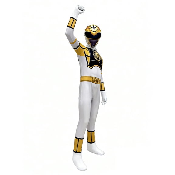 Boys White Warrior Cosplay Bodysuit with Gold Armor & Mask, Stretchy Hero Costume for Halloween Party & Stage Performance, Gold, 160