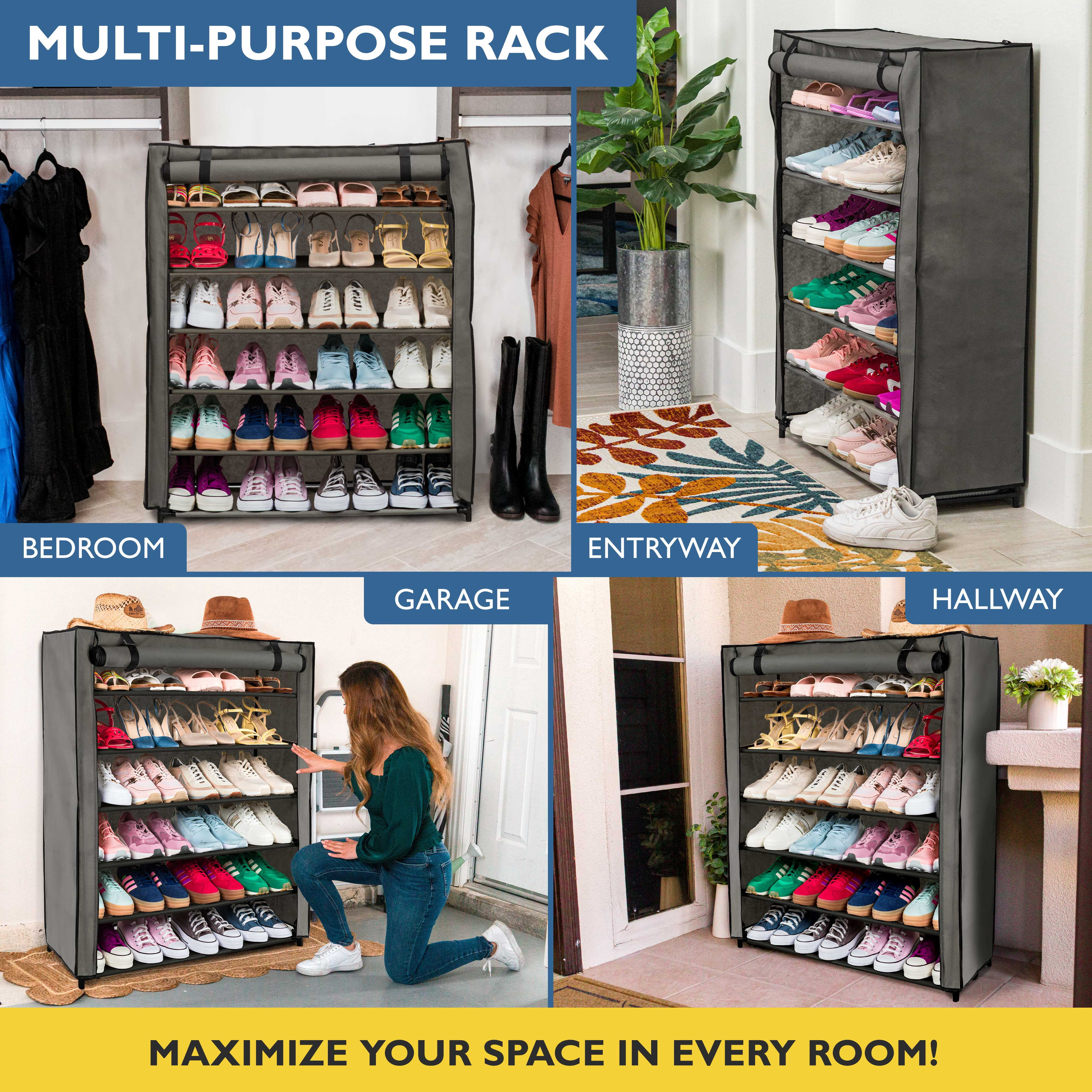 Sundaze Shoe Rack with Cover - 6 Tier Shoe Rack for Front Door Entrance, Sturdy Tall Shoe Organizer for Bedroom, Closet, Garage, Non Woven Fabric Shelf, Grey, Holds Up to 30 Pairs