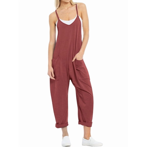 Women Casual Summer Overalls Sleeveless Spaghetti Strap Romper Jumpsuits Trendy Beach Vacation Outfits Brick Red M