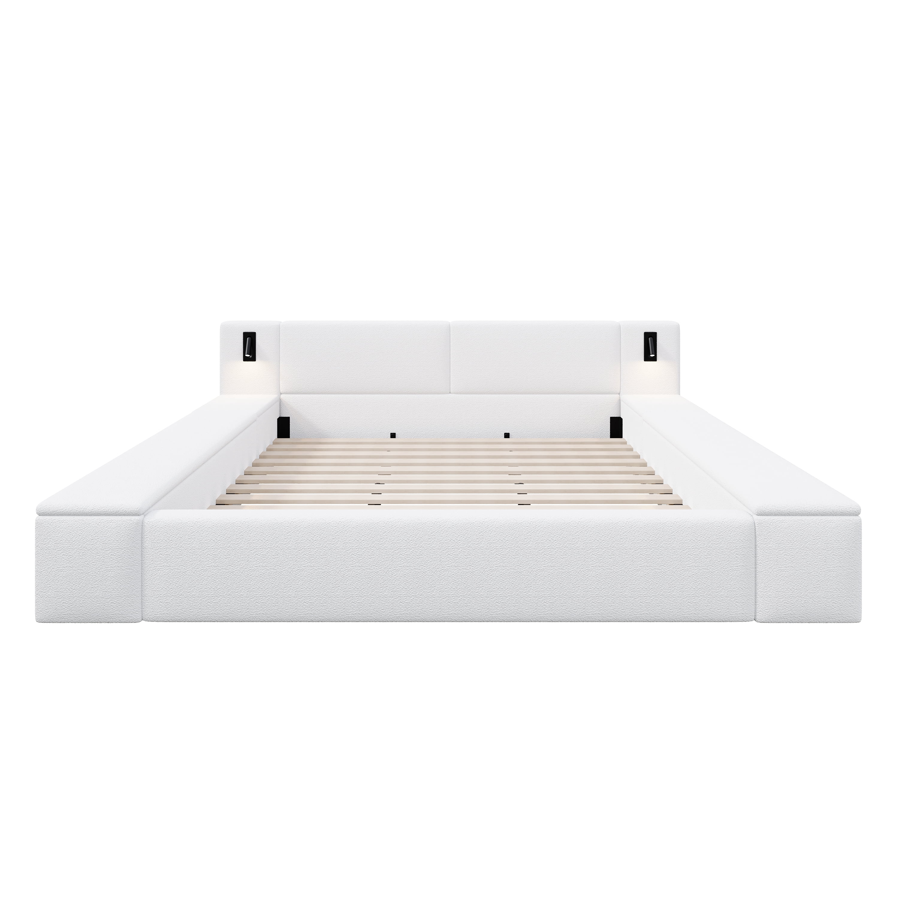 King Size Platform Bed w/ Hidden Storage, Built-in Nightstands, Reading Lights, No Box Spring Needed