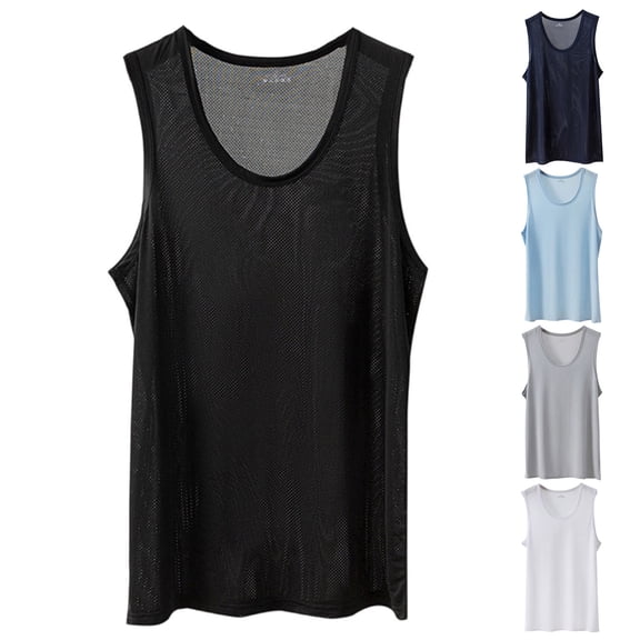 Antinious Men Solid Ice Silk Mesh Round Neck Sleeveless Breathable Outdoor Outer Workout Loose Tank Top