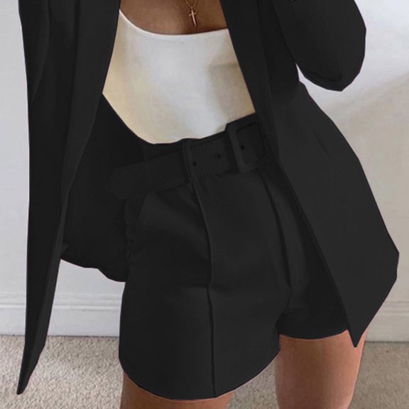 AXXD Black Casual Shorts For Women Summer Solid Suit Pant With Pockets Waisted Shorts With Belt Mother's Day