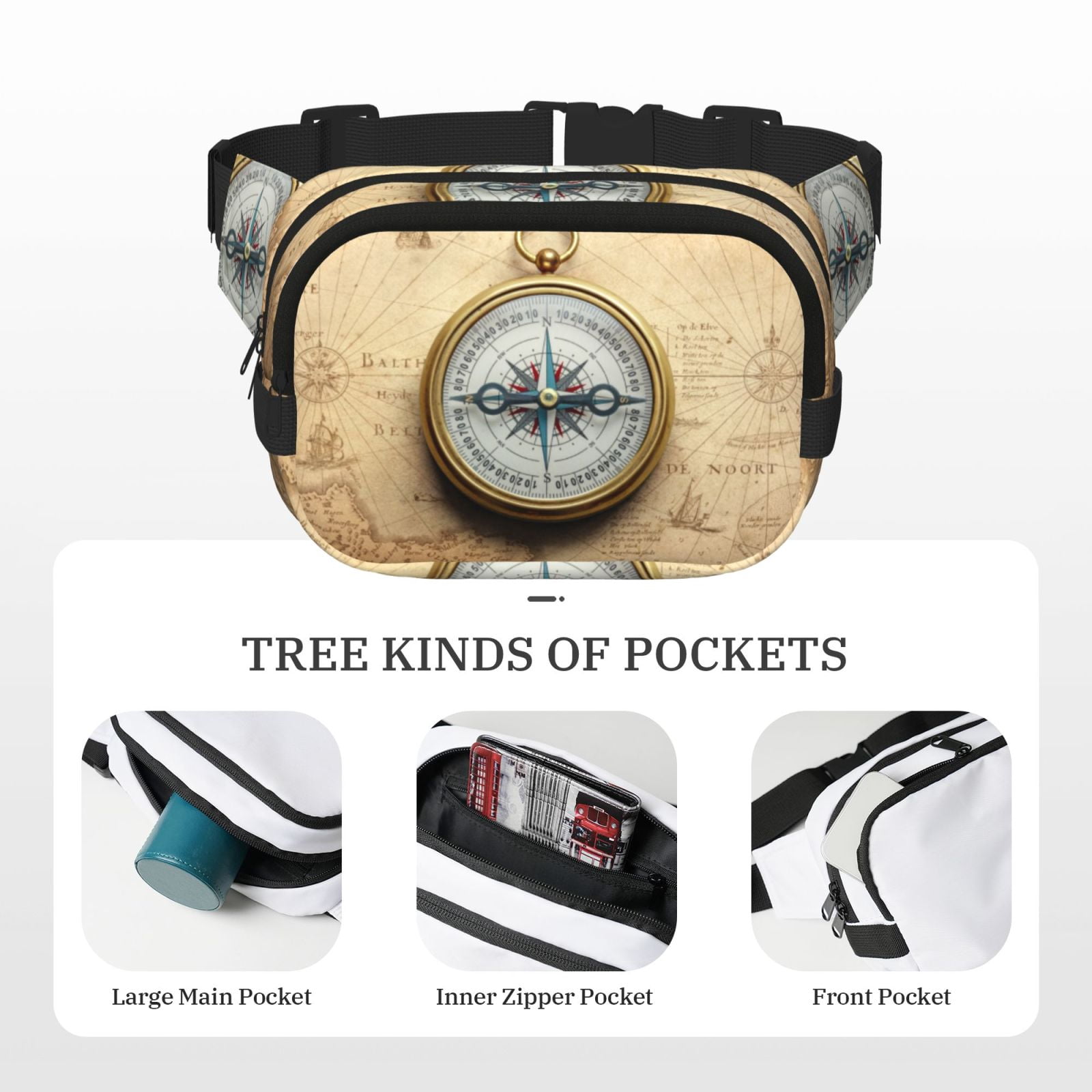 Picia Magnetic Old Compass On World Map Print Square Double-Layer Waist Bag Mini Adjustable Waist Belt Bag Exercise Running Travel Hiking