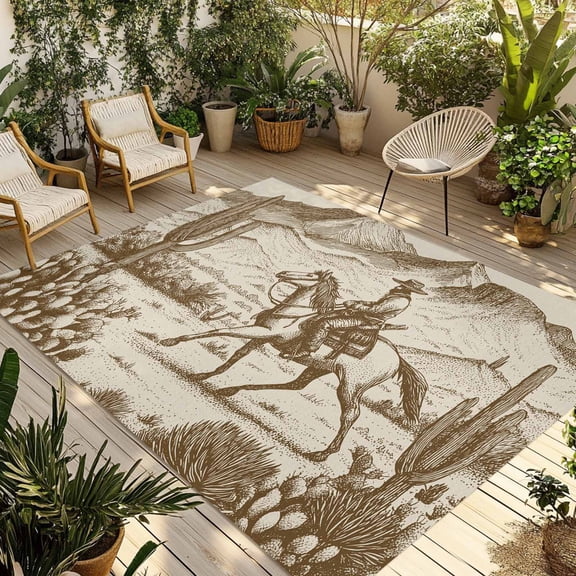 Beige Western Farmhouse Outdoor Rug for Patio/Deck/Porch, Non-Slip Large Area Rug 6 x 9 Ft, Vintage Cowboys Cactus Indoor Outdoor Rugs Washable Area Rugs, Reversible Camping Rug Carpet Runner