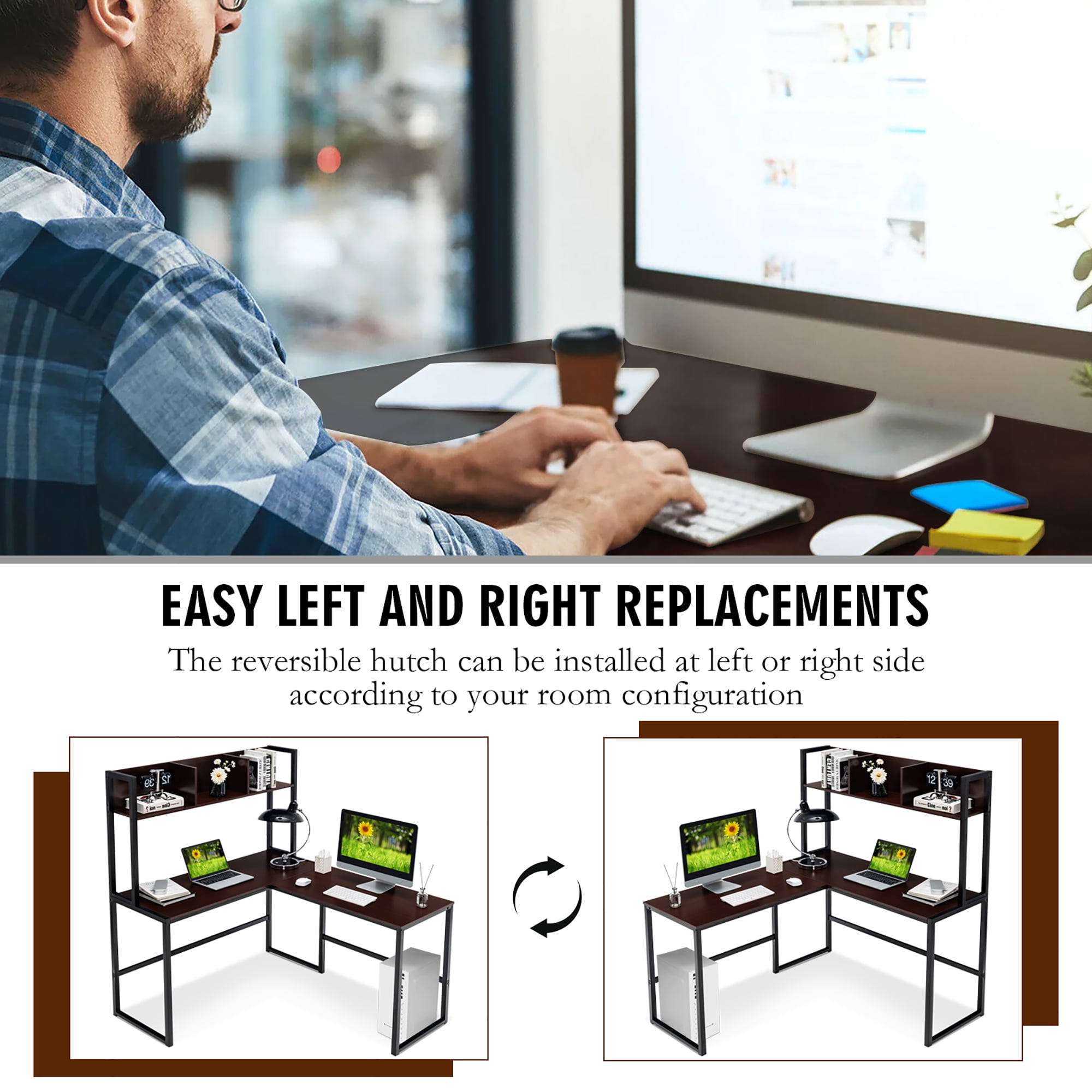 Costway 55'' L-Shaped Corner Computer Desk, Teak Writing