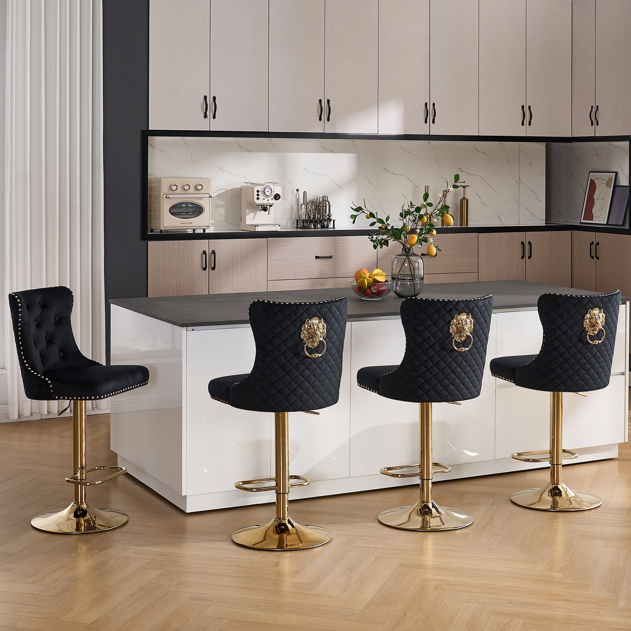 Velvet Gold Bar Stools Set of 2 Modern Counter Height Bar Stools with Lion Pull Ring Tufted Back, Nailhead Upholstered Barstools for Home Kitchen Island, Swivel Adjustable Stool Chair in Black