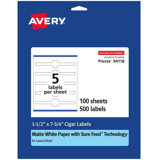 Avery Matte White Cigar Labels with Sure Feed, 1-1/2