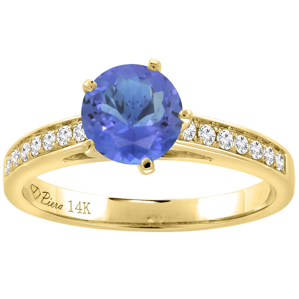 14K Yellow Gold Diamond Natural Tanzanite Engagement Ring Round 7 mm, size 5 by Gabriella Gold