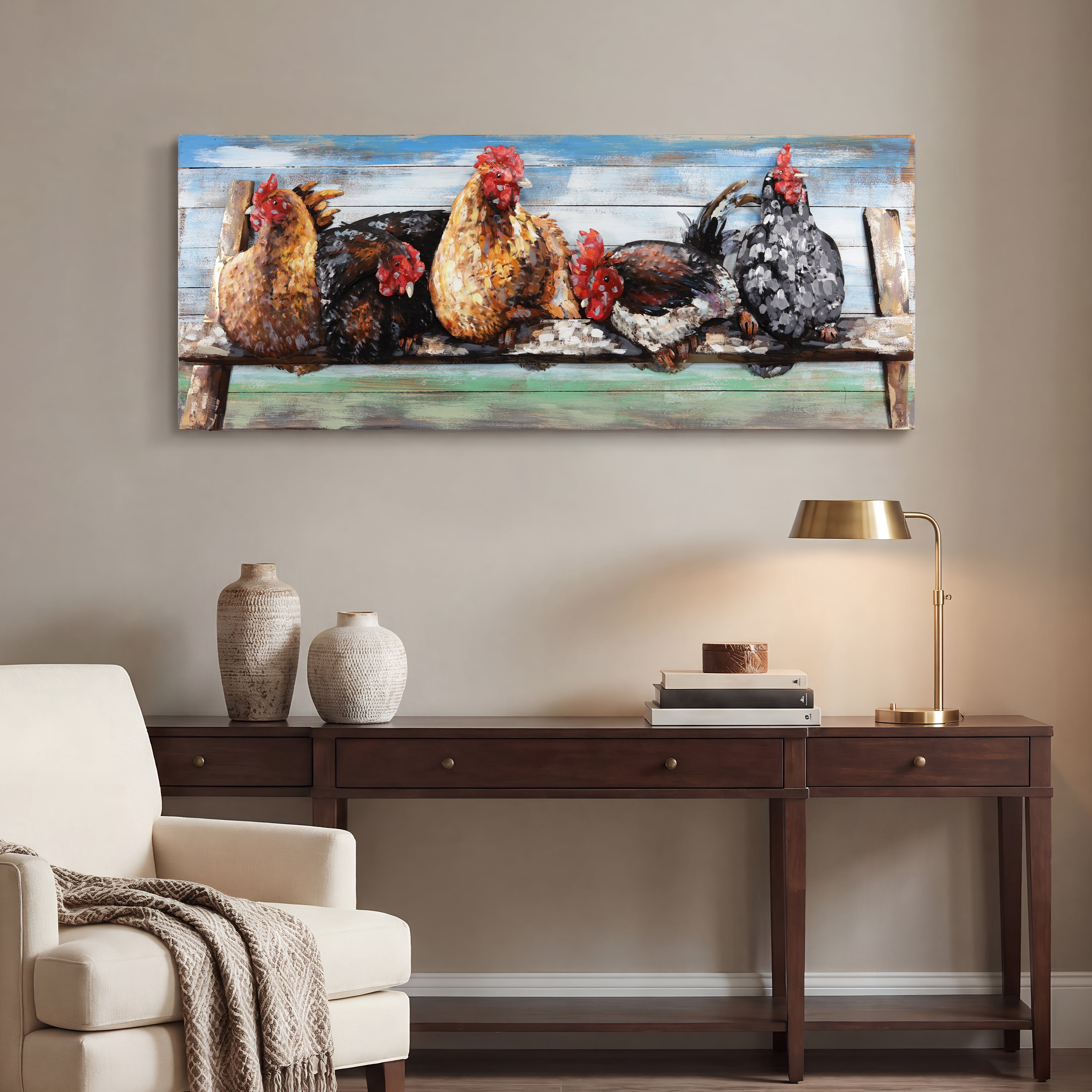 Empire Art Direct Chickens Handed Painted 3D Metal Wall Sculpture on Slatted Solid Wood Wall Art, 60" x 24" x 3.5", Ready to Hang