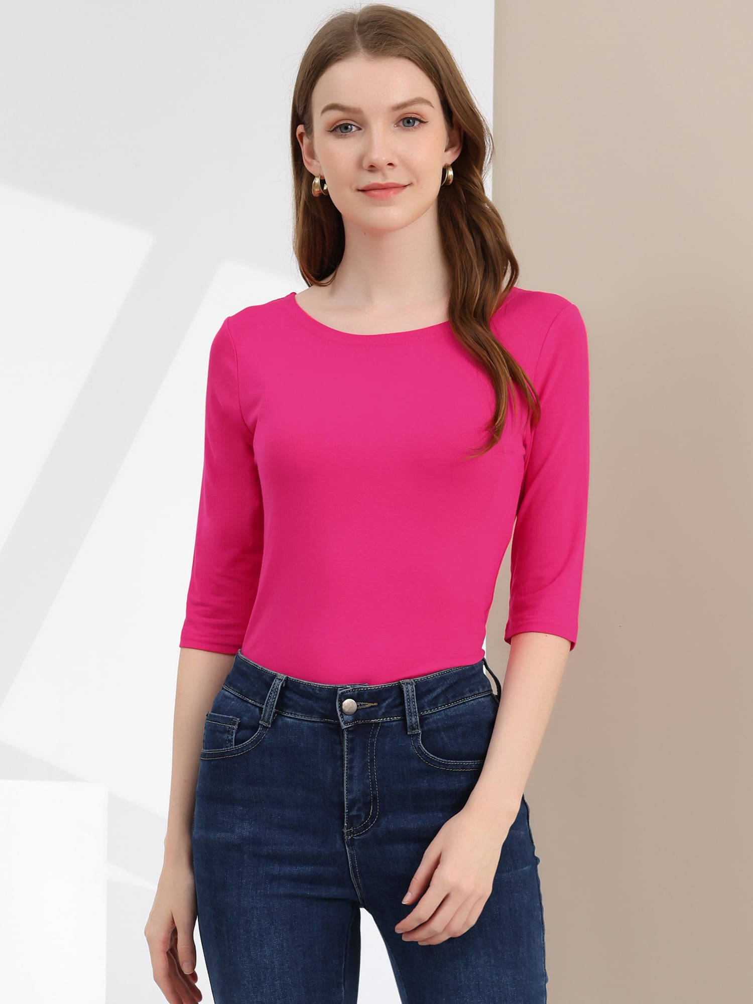DARING DIVA Women's Elbow Sleeves Boat Neck Slim Fit Classic Tee M Rose Red