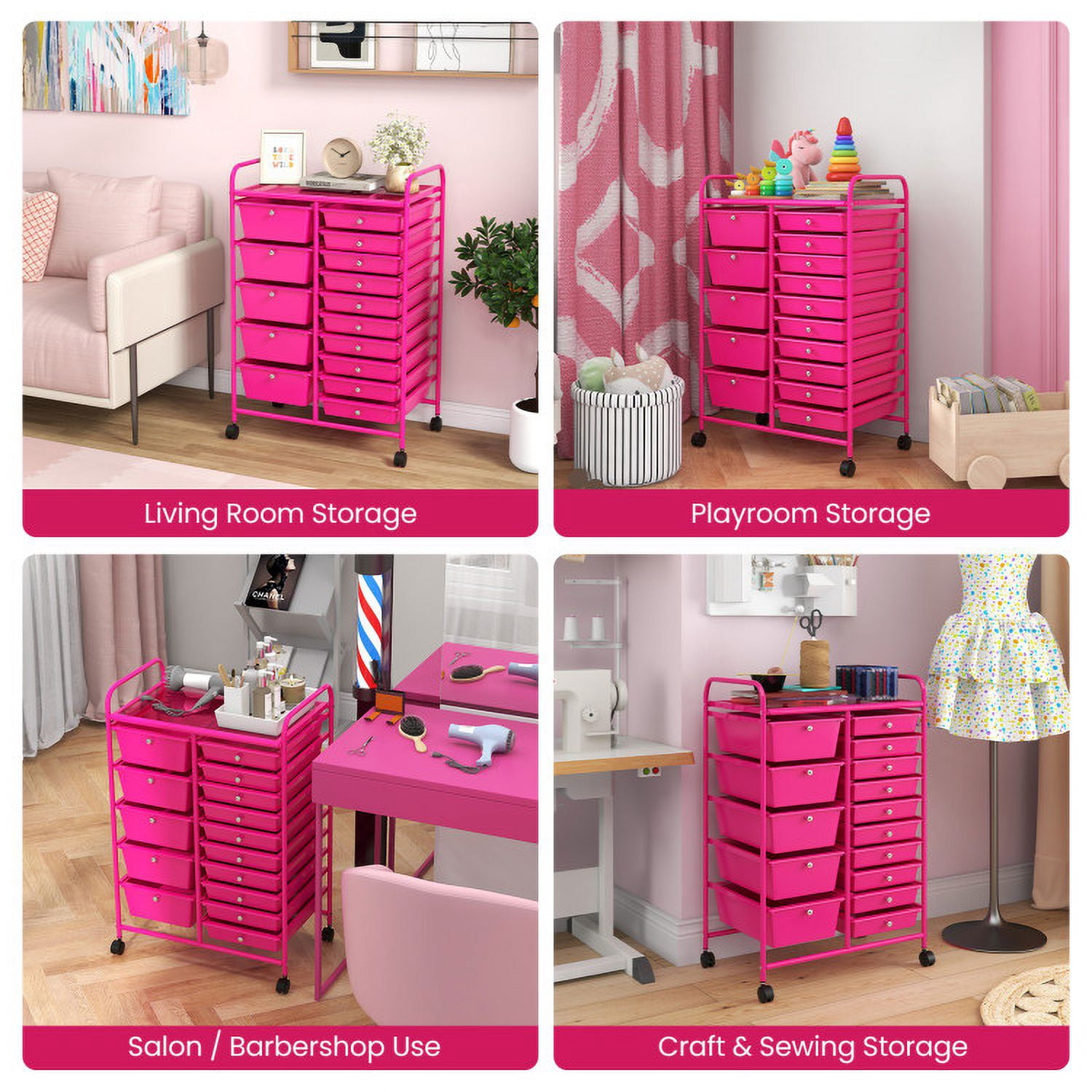 Resenkos Filing Cabinet Office Drawers, Office Storage Cabinet,15-Drawer Utility Rolling Organizer Cart MultiUse Storage-Pink