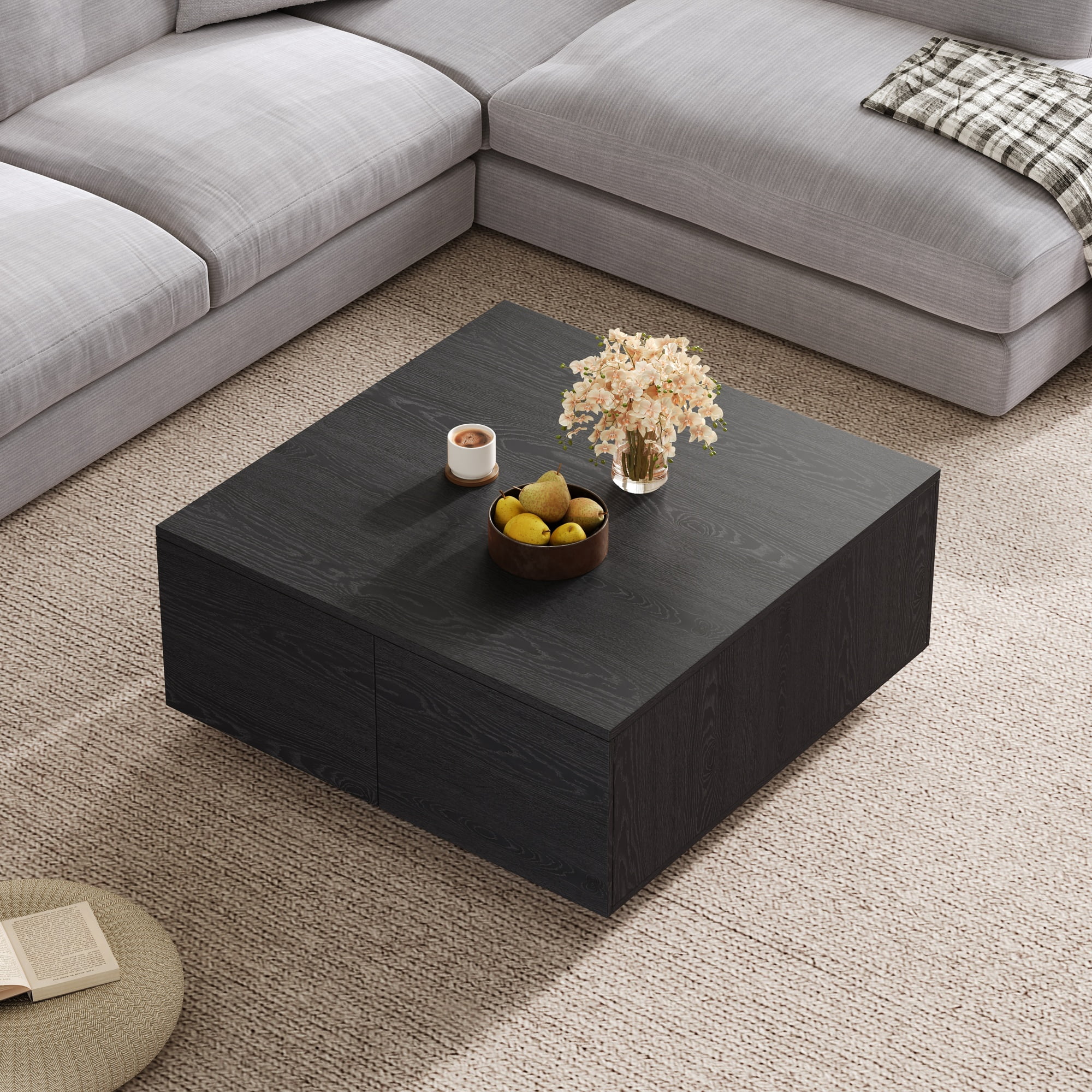 Euroco 33.25" Square Wooden Coffee Table with 4 Storage Drawers,Solid and Engineered Wood Construction