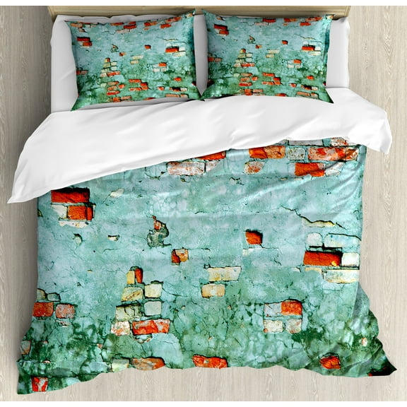 Wall Duvet Cover Set, Fragment of Brickwork Close-up Photograph Old Damaged Dramatic Wrecked Grunge Texture, Decorative 3 Piece Bedding Set with 2 Pillow Shams, Queen Size, Red Teal, by Ambesonne