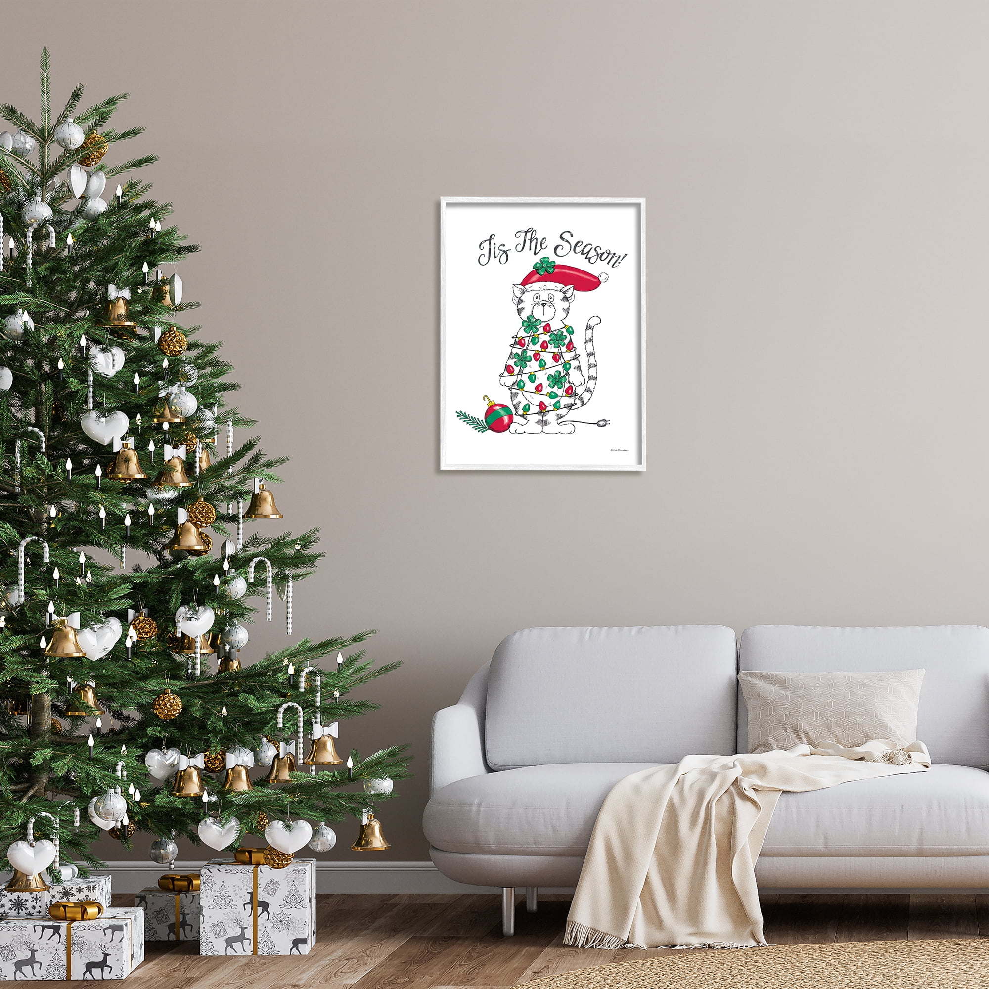Stupell Industries Tis The Season Cat Holiday Painting White Framed Art Print Wall Art, 24 x 30
