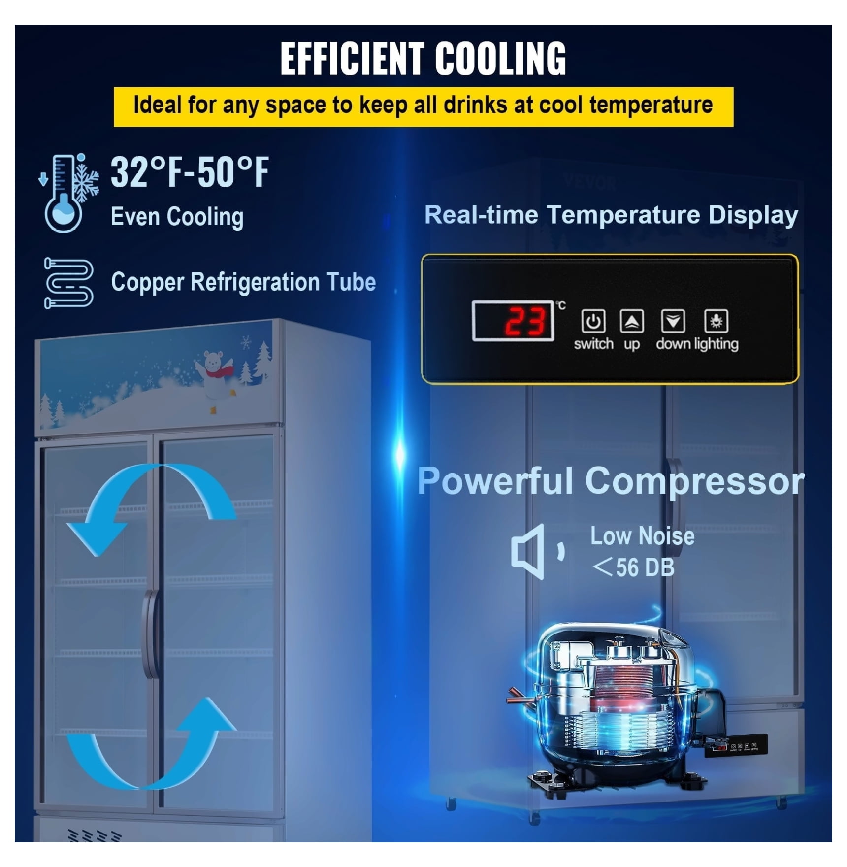 Commercial Refrigerator 23 cu.ft. Glass Door Display Fridge, Beverage Cooler for Store, Home, Office, Gym - LED Lit, Double Swing Door