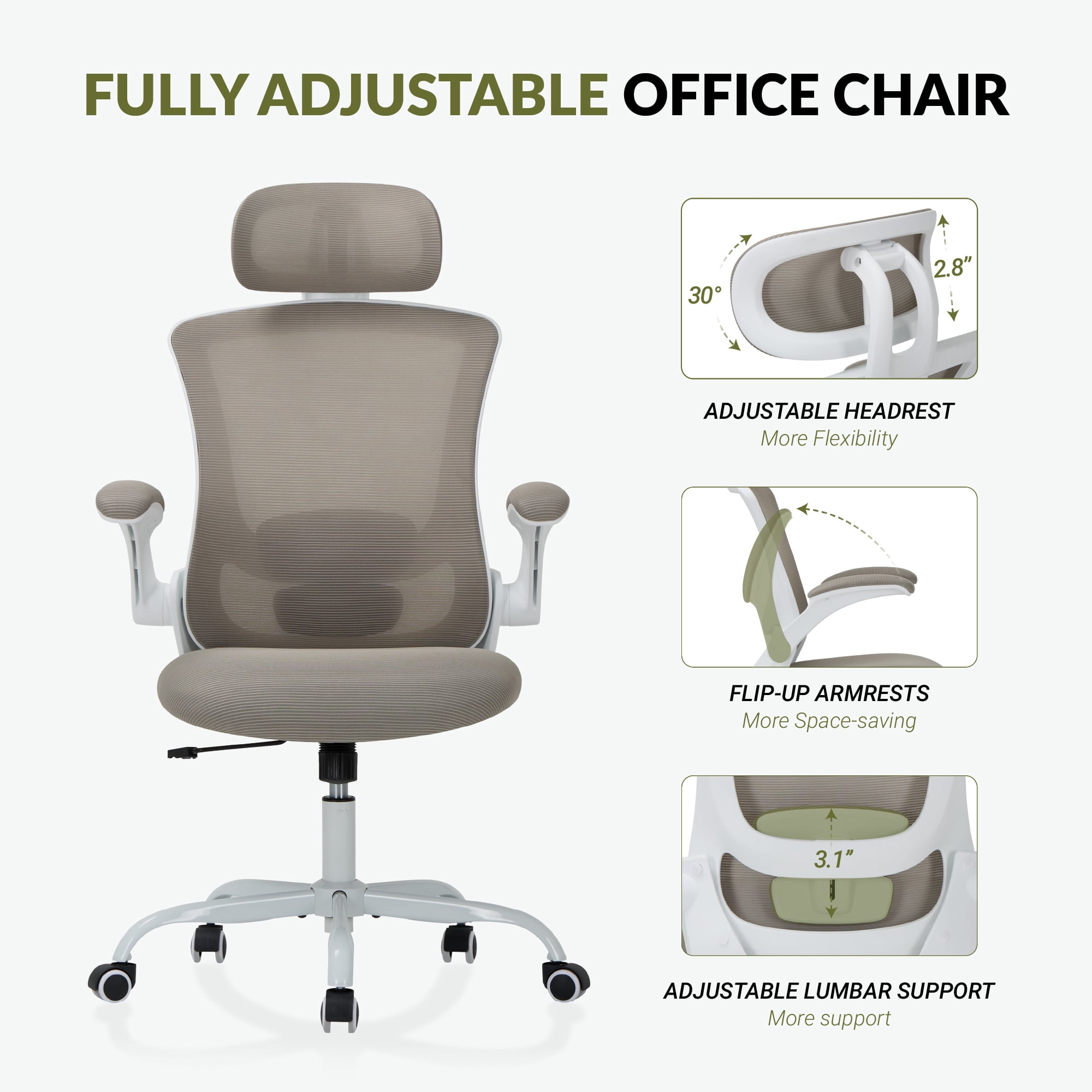 AFO High Back Ergonomic Office Chair, Adjustable Lumbar Support & Headrest Mesh Desk Chair with Flip-Up Arms, 275lbs Heavy Duty Metal Base Computer Task Chair for Home Office, Khaki