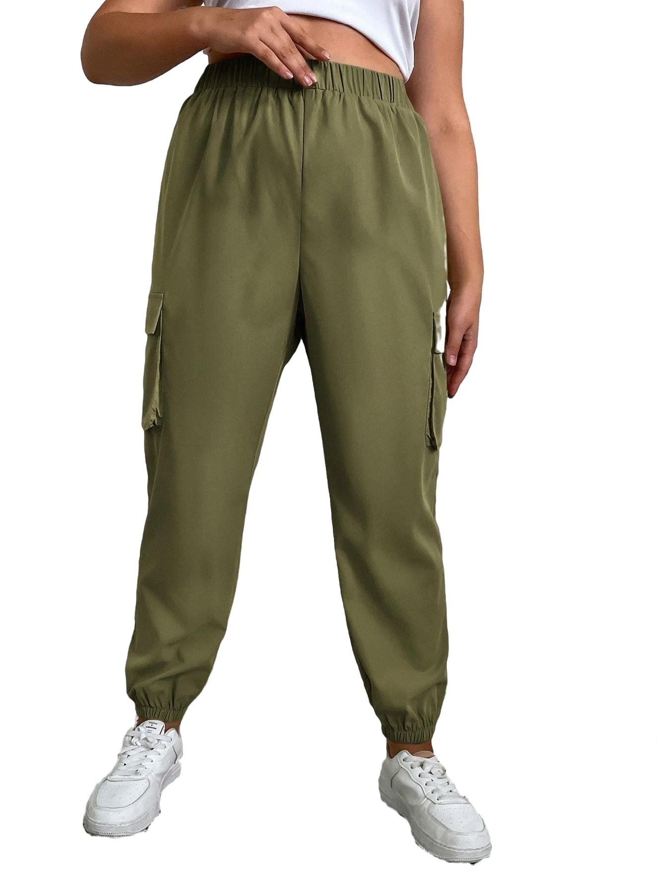 Casual Solid Cargo Pants Army Green Plus Size Pants (Women's) - Walmart.com