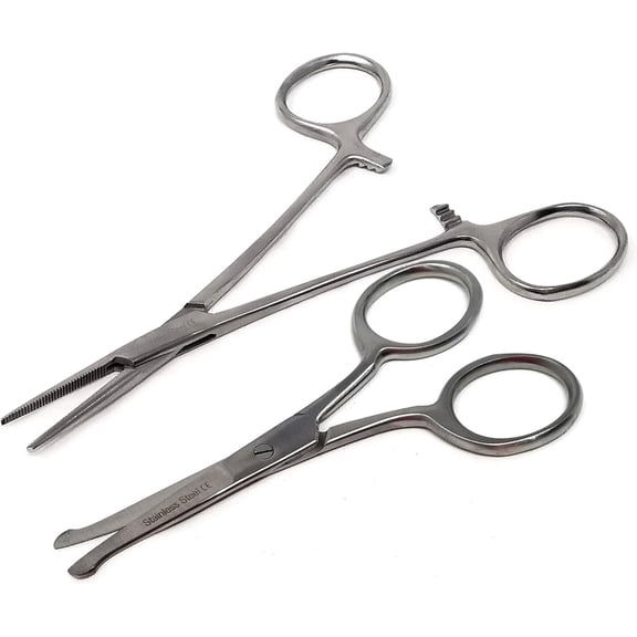 Stainless Steel  Pet Grooming Scissors & Forceps Set of 2 Pcs, Rounded Tip Trimming Shears with  Locking Hair Puller -  Dogs Cats Ears Nose