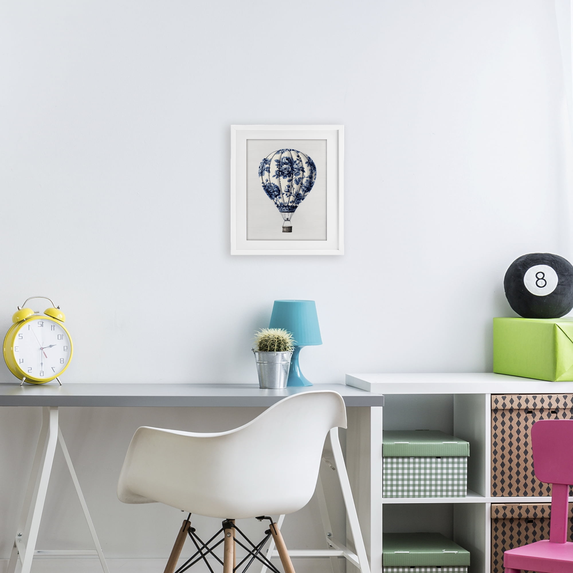 Vintage Toile Hot Air Balloon White Framed Print Under Glass, design by Lettered and Lined