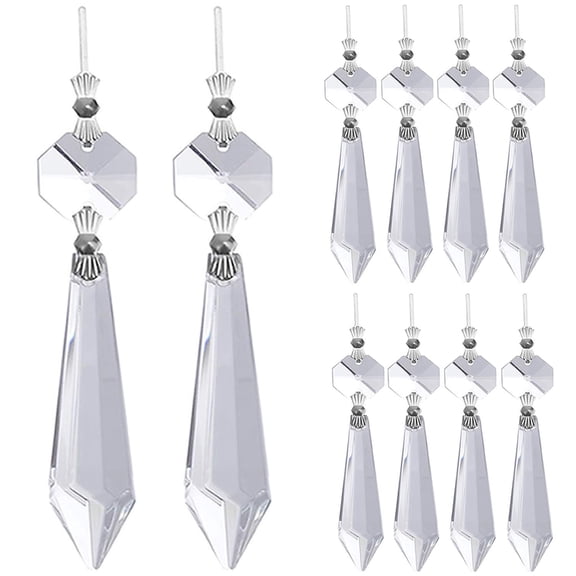 Pack of 10 Replacement Clear Maple Leaf Chandelier Crystal Prisms Pendants Shiny Glass with Octagonal Crystal Beads and Metal Split Ring for Lamp Decoration Jewelry Making (38mm)