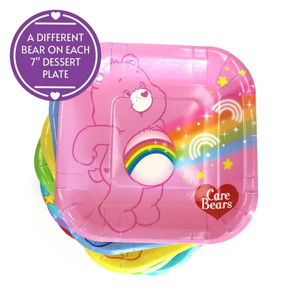 Prime Party Care Bears Dessert Plates, Disposable Paper Tableware – 7" Square, Set of 8