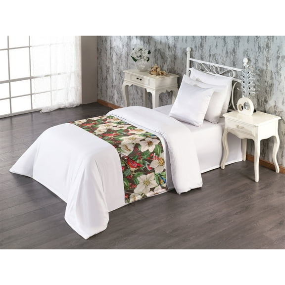 Nature Bed Runner, Floral Christmas Theme Flowers Berries and Birds Pattern Vintage Art, Decorative Accent Bedding Scarf for Hotels Homes & Guest Rooms, Twin, Dark Coral Reseda Green, by Ambesonne