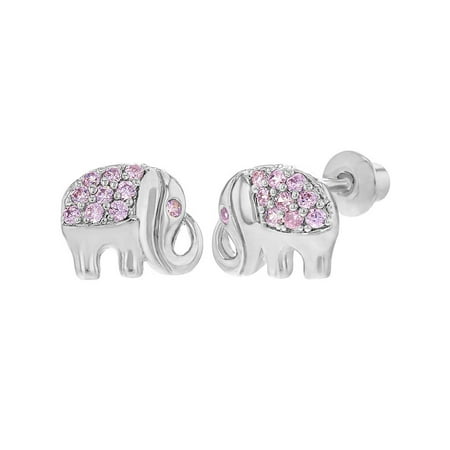 - Rhodium Plated Pink CZ Good Luck Elephant Screw Back Earrings for Kids Girls