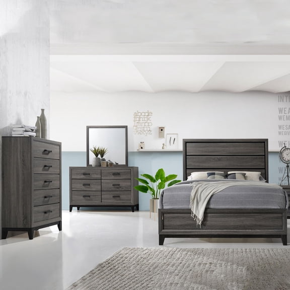 Kings Brand Furniture Ambroise 4-Piece Deep Gray Finish Bedroom Set – Bed Frame, 6-Drawer Storage Dresser with Mirror and 4-Drawer Storage Chest (Queen)