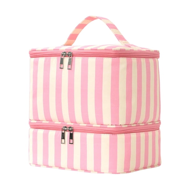 Estuche de transporte para esmaltes de uñas de doble capa para mujer, bolsa de almacenamiento de gran capacidad Rayas beige rosas