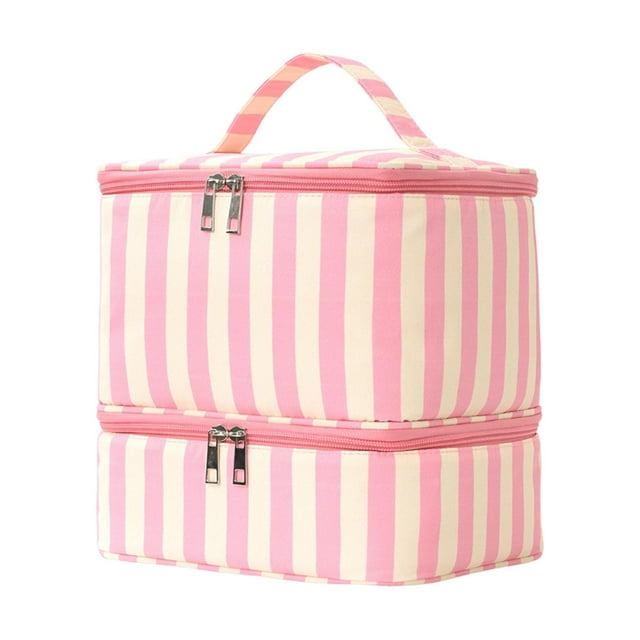 Estuche de transporte para esmaltes de uñas, bolsa de maquillaje, elegante, multiusos, portátil, regalo para mujeres, organizador de esmaltes de uñas Rayas beige rosas