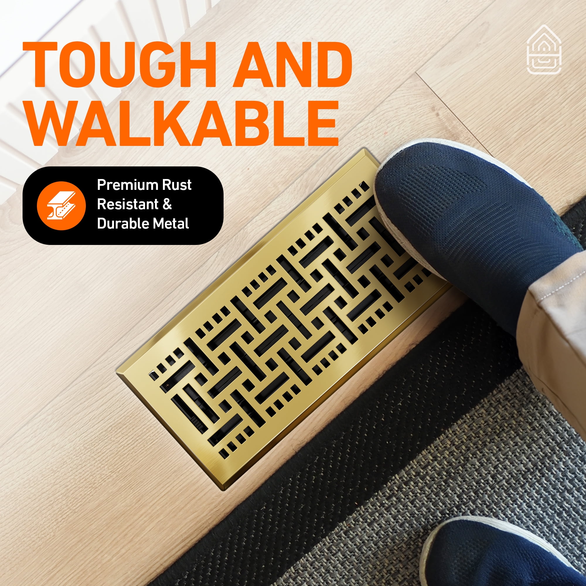 4x12 Floor Vent Covers Floor Register with Mesh Cover Trap, Heat and Air, Walkable Metal Floor Register for HVAC Duct, Basketweave, Polished Brass