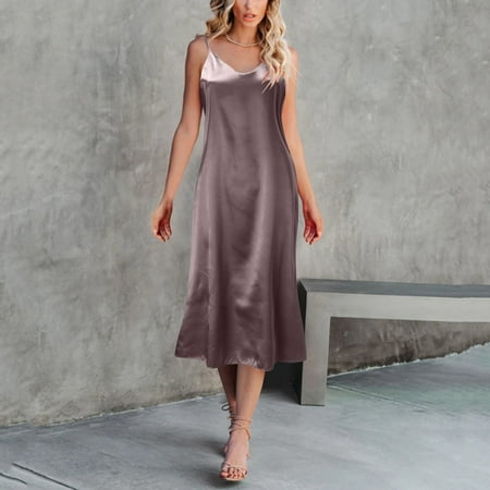 GZWYHT Silk Pajamas Clearance Nightgowns for Women Women Fashion Solid Dress Sleeveless Strap V Neck Dress Loose Dress Home Nightdress Chemise Nightgowns Babydoll Lingerie  Purple L