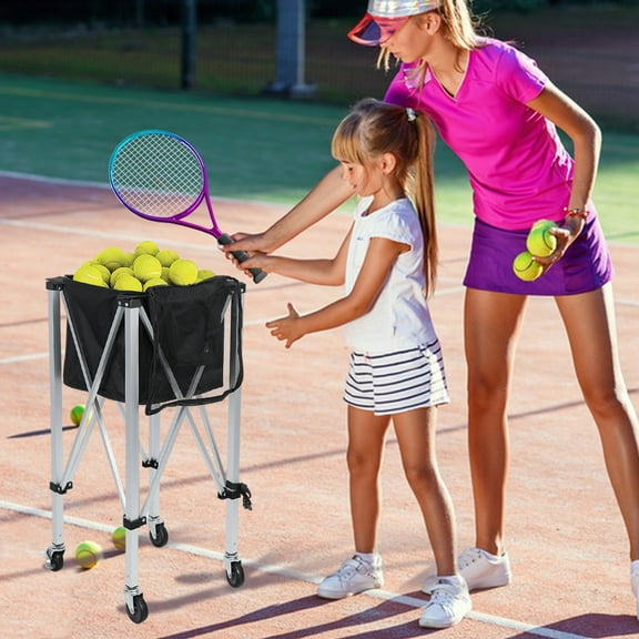 Lorelo Foldable Tennis Ball Cart with Wheels, Portable Lightweight Holds 160 Balls Tennis Ball Hopper, Sports Teaching Cart Tennis Ball Basket with Removable Bag Side Pockets