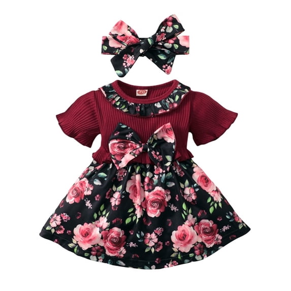 hirigin Kids Toddler Girls Summer Dress Casual Sweet Ruffle Trim Floral Short Sleeve Princess Dress and Bow Headband