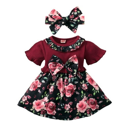 

Ma&Baby Toddler Baby Girls Summer Dress Casual Sweet Ruffle Trim Floral Short Sleeve Princess Bow Dress