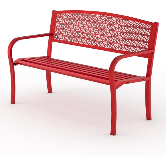 50 inch Metal Patio Bench with Curved Backrest, Spine Friendly Outdoor Garden Bench for Backyard Deck Balcony Park, Red/White/Blue/Black