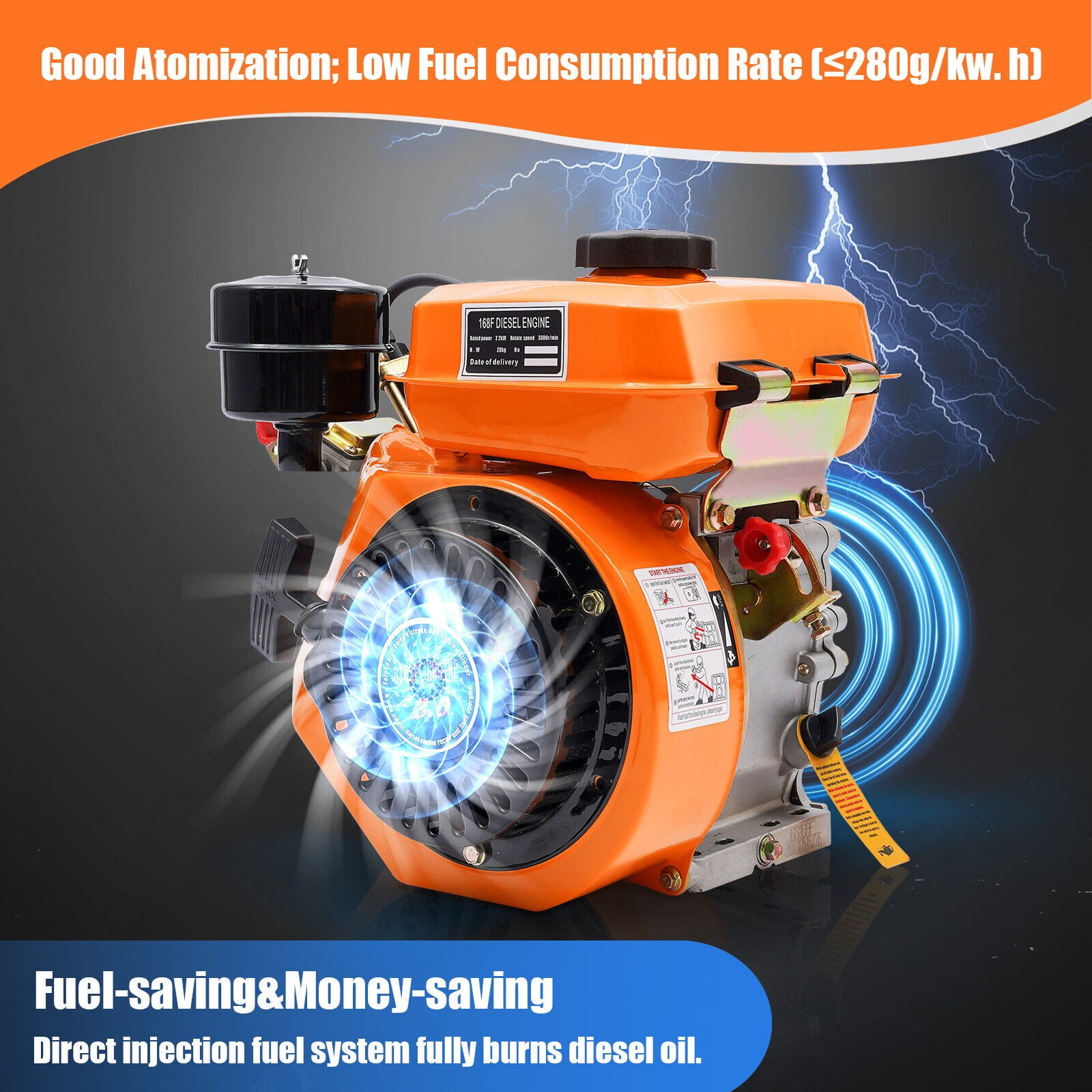 Fichiouy Diesel Engine 196CC 3HP 4 Stroke Single Cylinder Air Cooling Oblique horizontal Engine Motor Hand Start Direct Injection 2.2KW