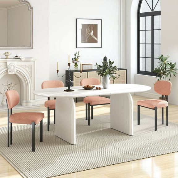 KATBOC Modern Dining Table and Chairs Set, 70in MDF Table with 4 Padded Boucle Chairs,Mid-Century for Home, Kitchen, Family Gatherings, White&Orange