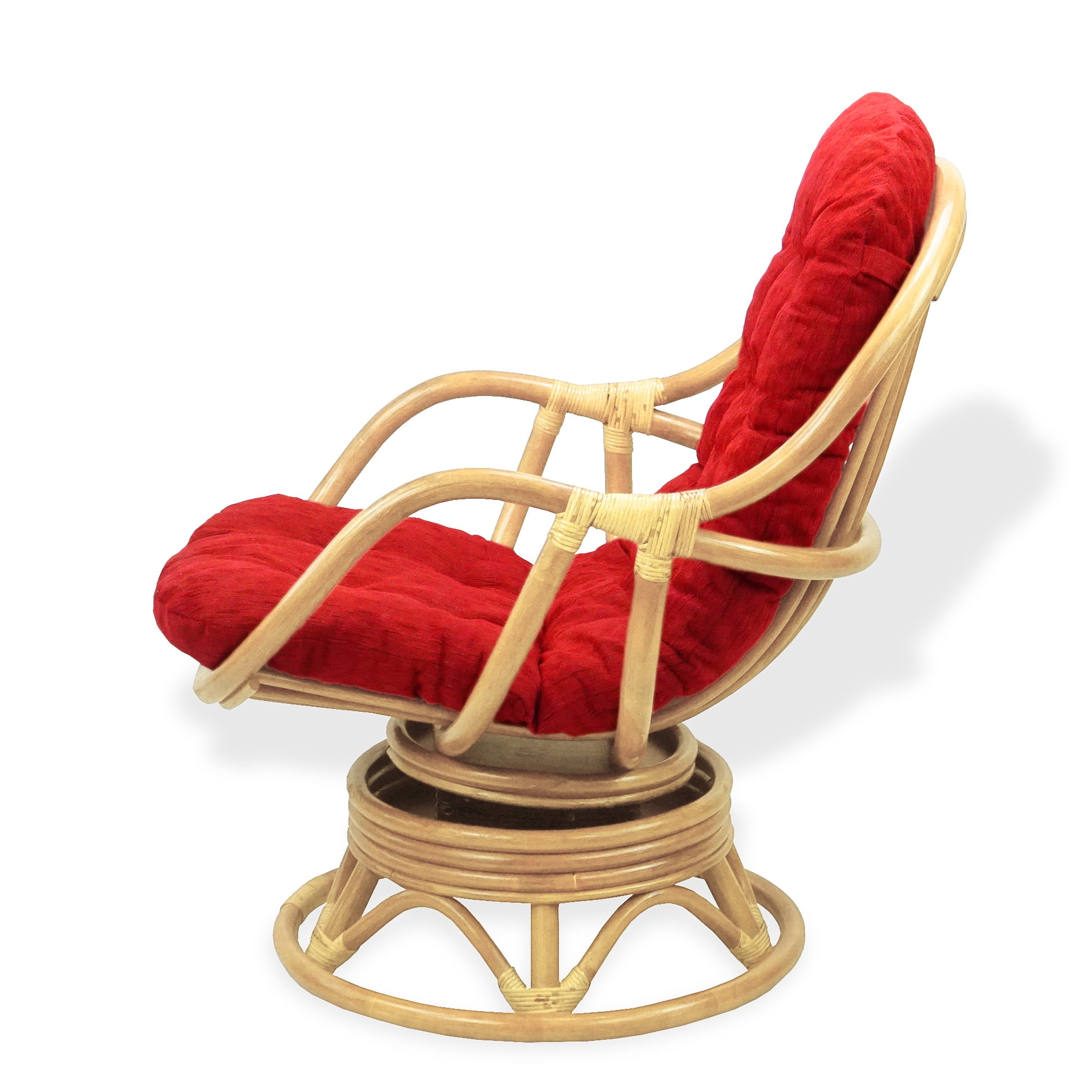 Bali Lounge Swivel Rocking Chair with Burgundy Cushion Natural Rattan Wicker Handmade, Natural Color