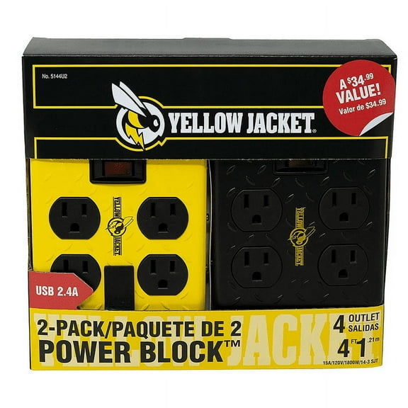 Yellow Jacket 4 Outlet Power Block with 2 USB Ports, 4 Feet, 2 Pack