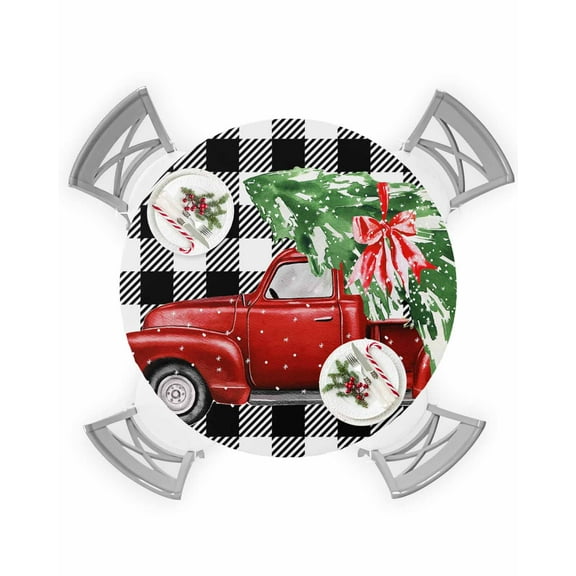 Round Tablecloth with Elastic Christmas Red Truck Xmas Tree Black White Plaid Waterproof Table Cover Wipeable Fitted Table Cloths for 36"-44" Round Tables Dining Kitchen Indoor Outdoor Use