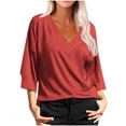 thumbnail image 2 of pimelu Womens Tops Womens Shirts Breathable Comfy Loose Pullover Top Summer Casual Solid Shirt Girls V-Neck 3/4 Sleeve Blouses, 2 of 6