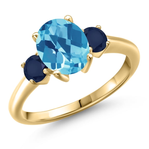 Gem Stone King 10K Yellow Gold Swiss Blue Topaz and Blue Sapphire Engagement Ring for Women | 2.95 Cttw | Oval Checkerboard 9X7MM | Gemstone November Birthstone | Size 7