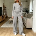 thumbnail image 3 of 2 Piece Women Striped Outfit Button Down Long Sleeve Tops & Wide Leg Pants Teen Fall Casual Fashion Lounge Daily Tracksuit Set, 3 of 7