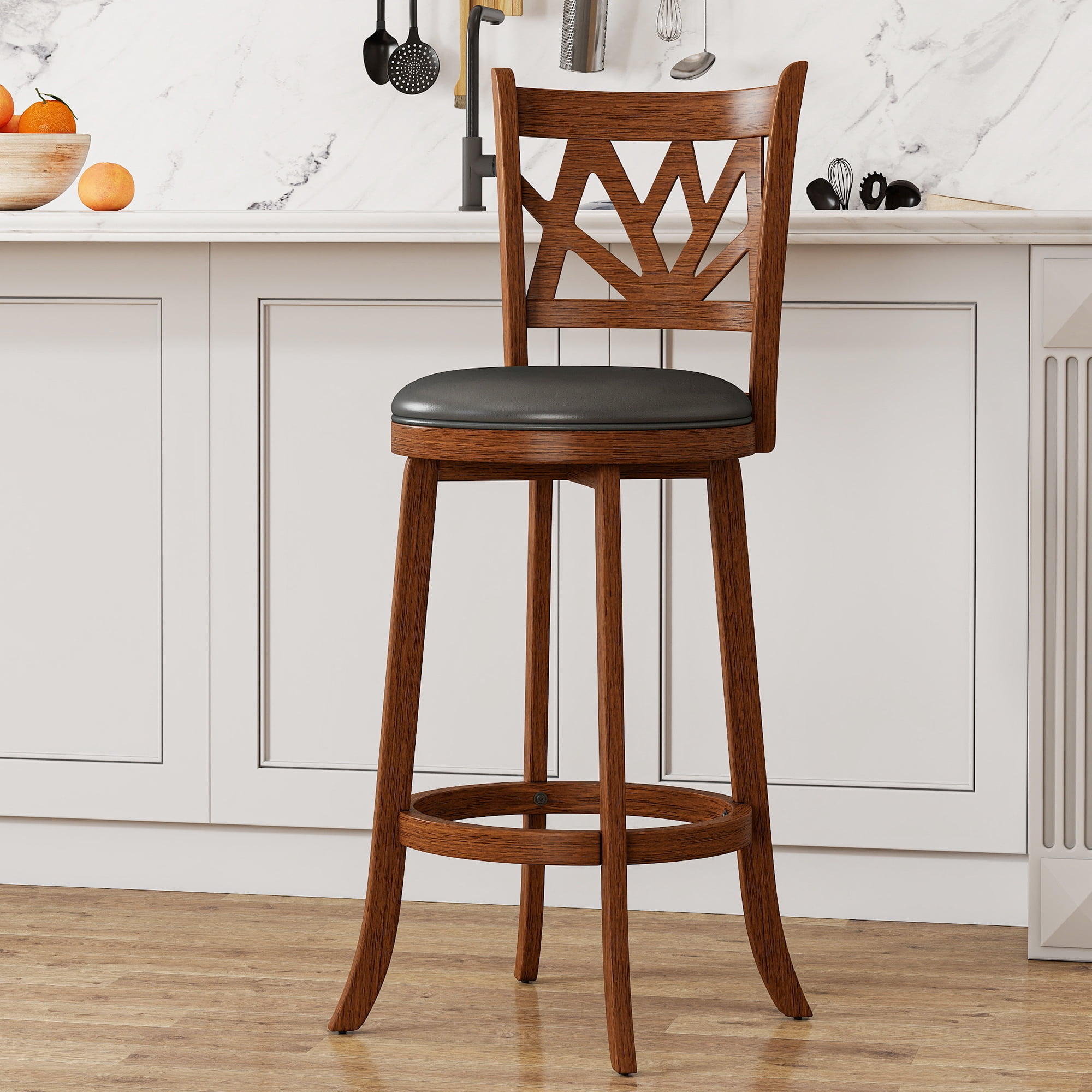Joywind Farmhouse Swivel Bar Stools Set of 2, 30" Carved Lotus Barstools, Faux Leather Upholstered Bar Chairs with Solid Footrest & Wood Legs, Rustic Brown