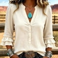 thumbnail image 2 of Women Western Solid Cotton Linen Henley Blouse, V Neck 3/4 Tiered Ruffle Sleeve Loose Retro Country Casual Button Front Tunic Top Khaki XL(XL), 2 of 7