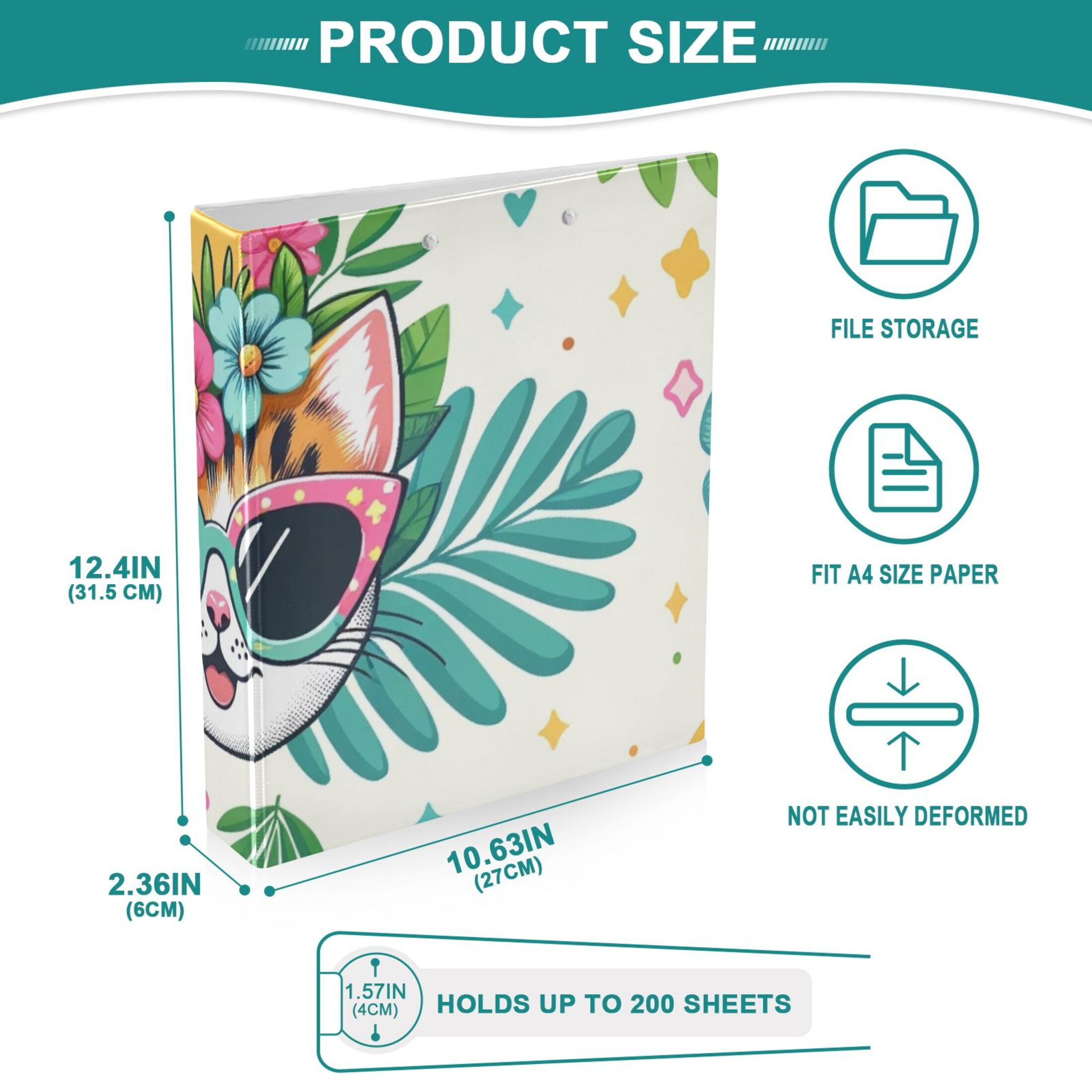 Happy Cats Faces Flowers Sunglasses 3 Ring Binders 1.5 inch Hardcover File Folders with Interior Pockets A4 Size Organizer for School Office Hospital