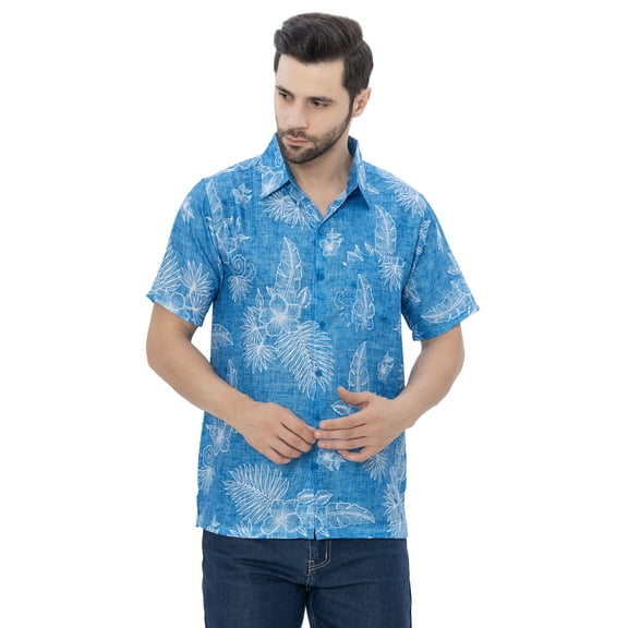 LA LEELA Men's Hawaiian Shirts Short Sleeve Button Down Shirt Mens Summer Holiday Beach Shirts Casual Aloha Tropical Shirts for Men Funny S Floral Leafs, Blue